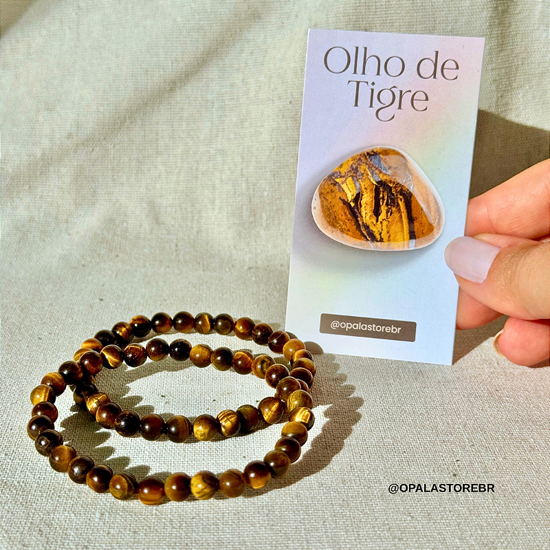 Pulseira de Olho de Tigre Natural Opala Store, esferas 6mm marrom-douradas, fio de silicone duplo, acessório cristal natural