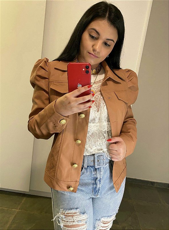 Jaqueta couro fake manga bufante Outlet