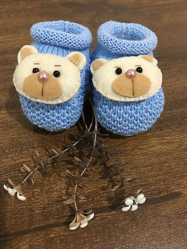 Sapatinho Bebê Urso Tricot Azul - Petit Mignon Moda Bebê