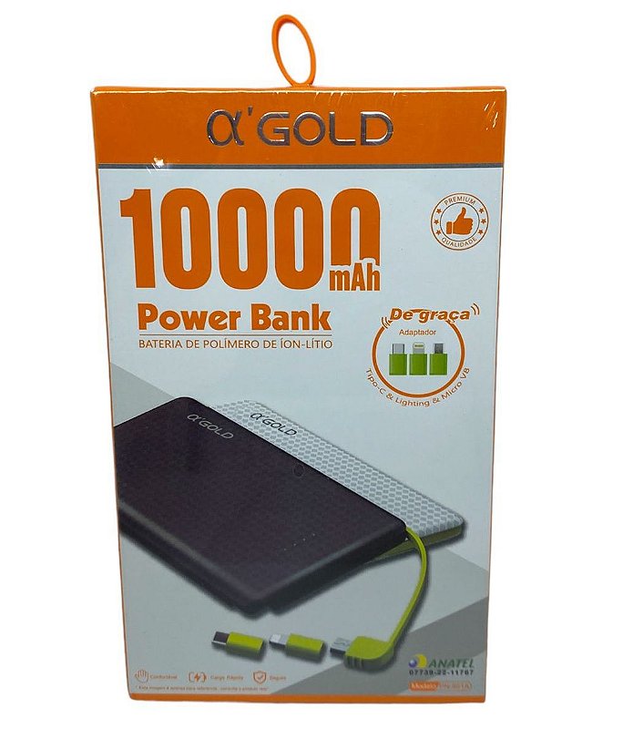 Power Bank Gold 10000mAh Com Adaptador TypeC IP8 V8 3rick Eletronic