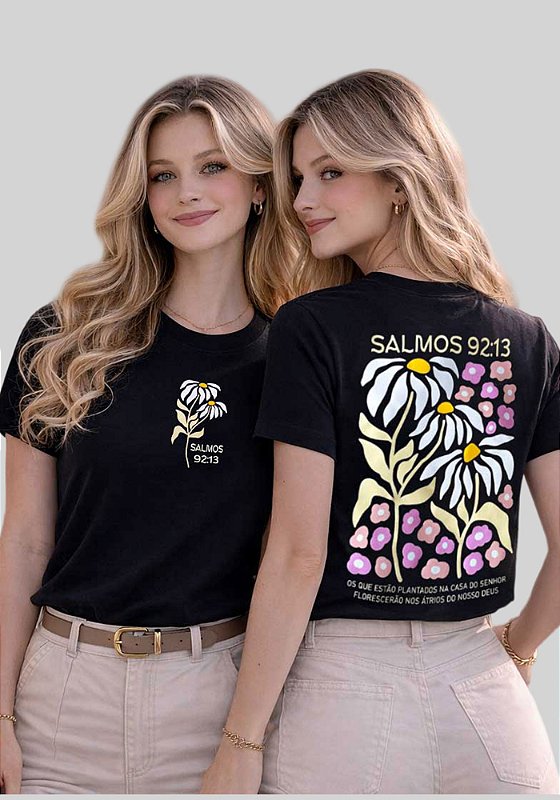 T-SHIRT FEMININA - FLOR SALMOS 92:13 - COR PRETO - Delbo T-Shirts