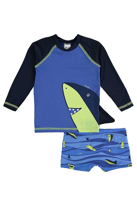 Camiseta de Praia Bebê com Sunga em malha Dry com proteção UV Shark
