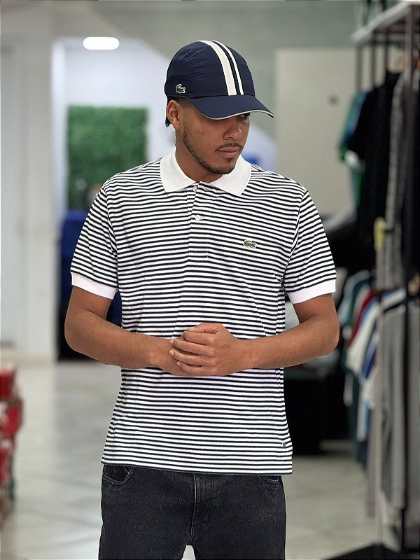 Polo Lacoste Original L1212 Striped Cotton BLK\WHT - JNoriginalshop