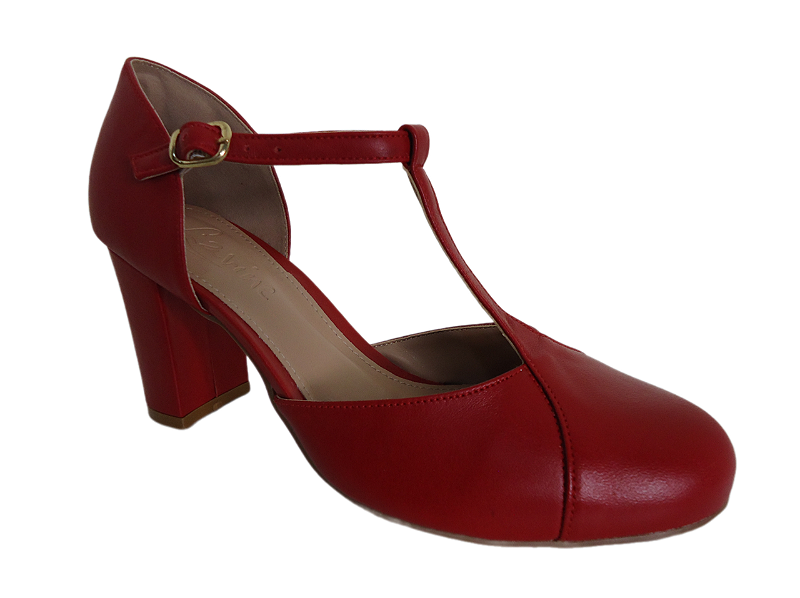 Sapato VERMELHO couro, estilo boneca, sola emborrachada, salto