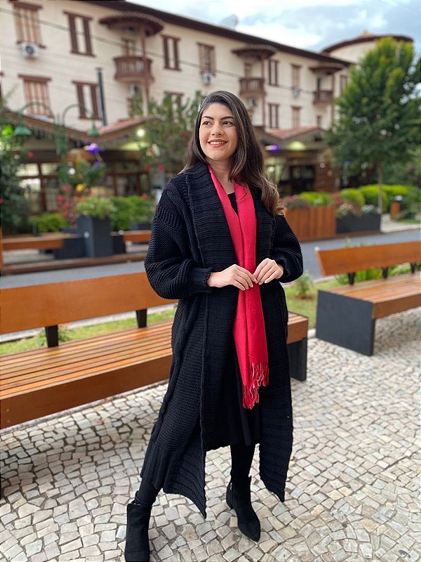 Vestido Sobretudo Longo Feminino Preto Sobretudo Lã Batida