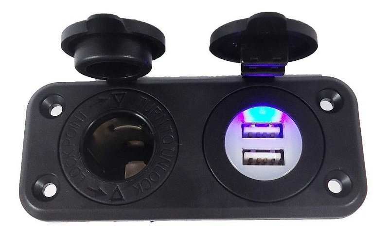 Painel Duplo Carregador Usb Turbo Tomada Isqueiro Led Azul