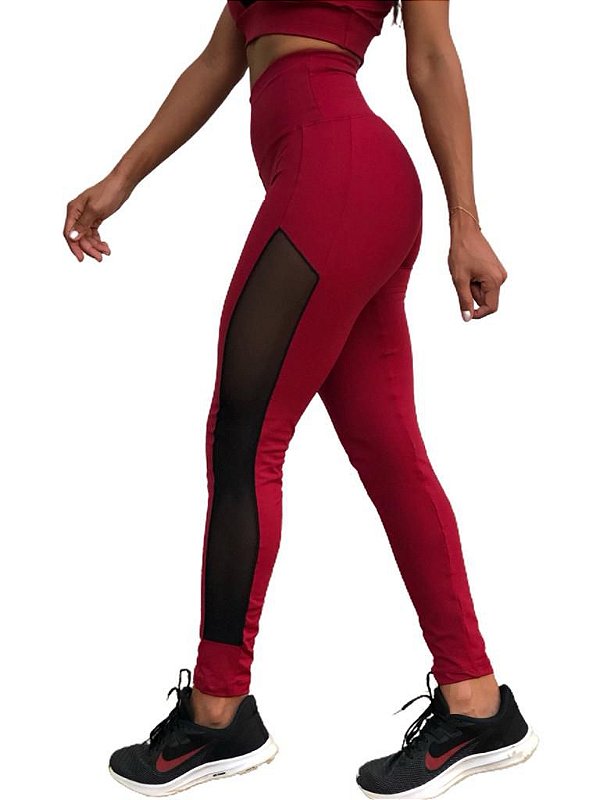 Calça Legging Cereja com Lateral Preto em Tela Transparente.