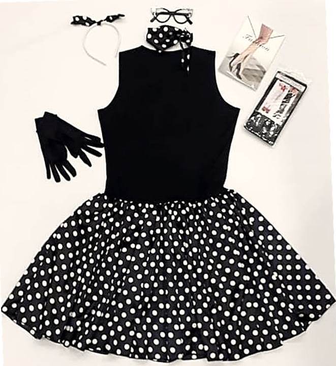 Fantasia vestido Anos 60 poás preto e branco adulto com lenço - Fantasia E  Folia