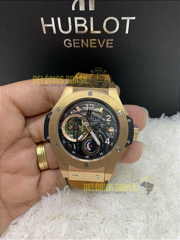 Relógio Hublot Armillary Tourbillon Automático pulseira couro  Marrom/dourado/preto - a prova d´agua - Relógios no Atacado Brasil