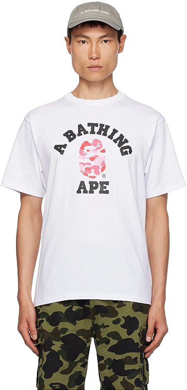 A Bathing Ape Men Grid Camo College Tee white black