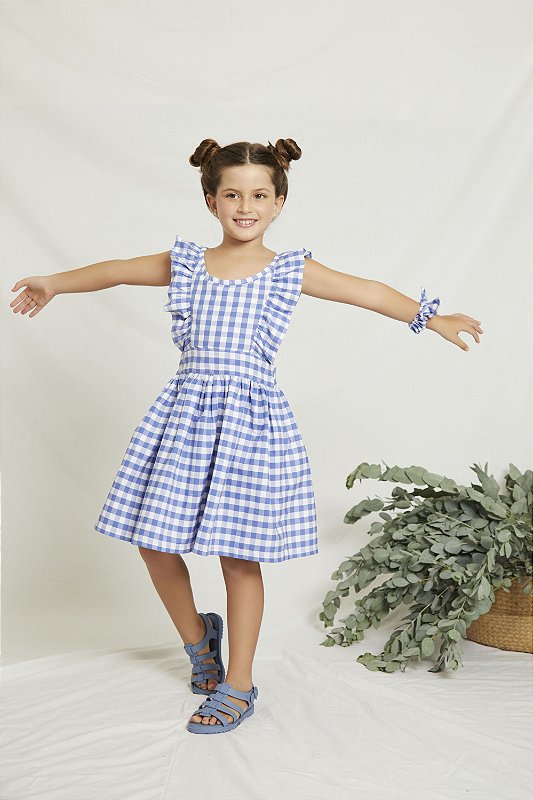 Vestido infantil com Babados Xadrez Azul e Branco - Jujulie