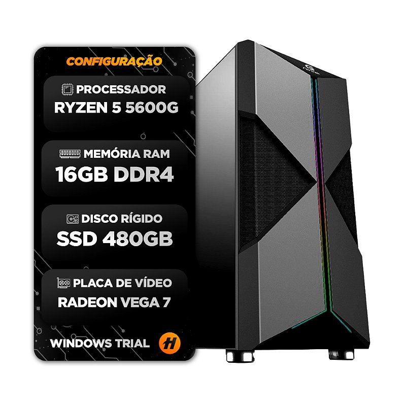 Computador Gamer AMD Ryzen 5 5600G - 16Gb RAM - SSD 480GB - 500W