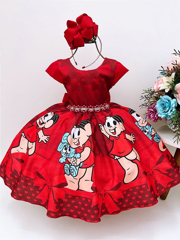 Vestido Infantil Mônica Vermelho com cinto pérolas - Fabuloso Ateliê