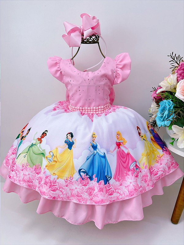 Vestido Infantil Todas as Princesa Rosa Luxo - Fabuloso Ateliê