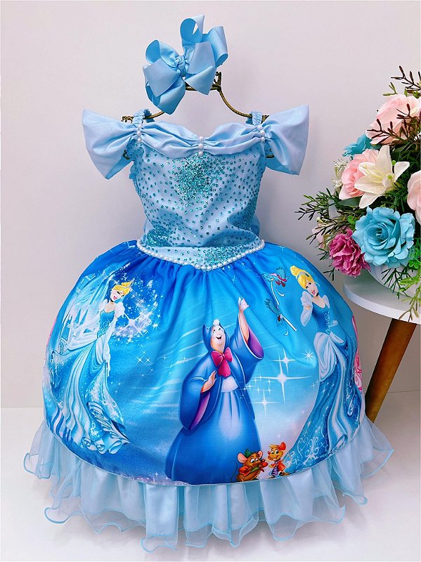 Vestido Infantil Princesa Cinderela Renda Azul Luxo - Fabuloso Ateliê