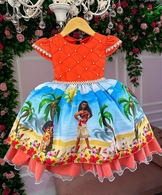 Fantasia Moana Infantil Vestido Festa Princesa Roupa + Colar