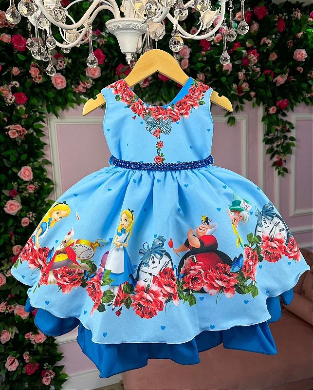 Vestido Infantil Alice no País das Maravilhas Flores Luxo - Fabuloso Ateliê