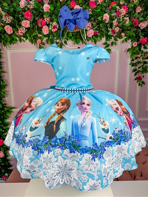 Vestido Infantil da Princesa Frozen Azul Strazz no Peito - Fabuloso Ateliê