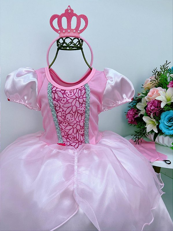 Vestido Fantasia Infantil Luxo Princesas Com Luva E Coroa