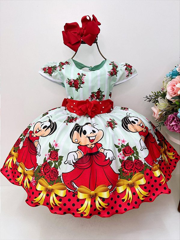 Vestido infantil com listras brancas e flores vermelhas