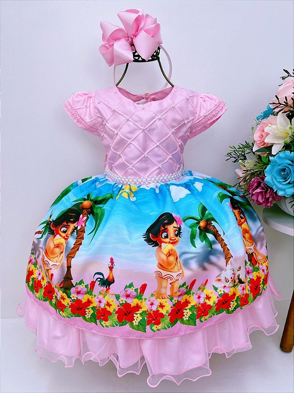 Vestido Infantil Menina Moana Adulta E Baby + Tiara em Promoção na