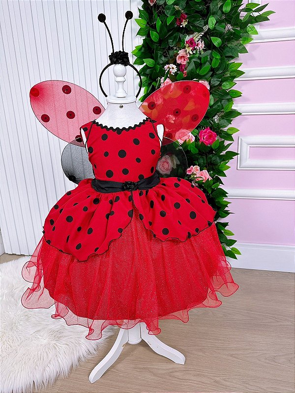 Vestido Infantil Joaninha com Tiara e Asas Luxo - Fabuloso Ateliê