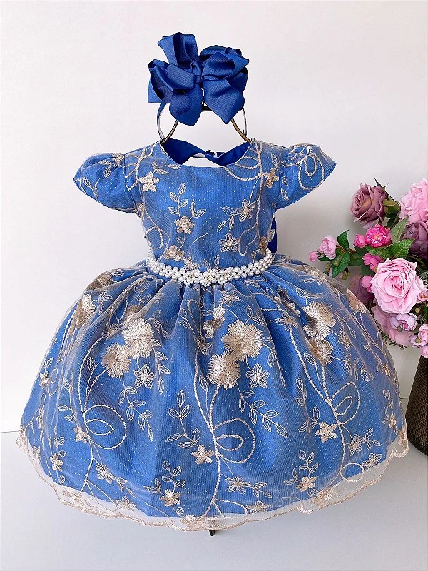 Vestido Infantil Azul Royal Realeza Renda Luxo - Fabuloso Ateliê