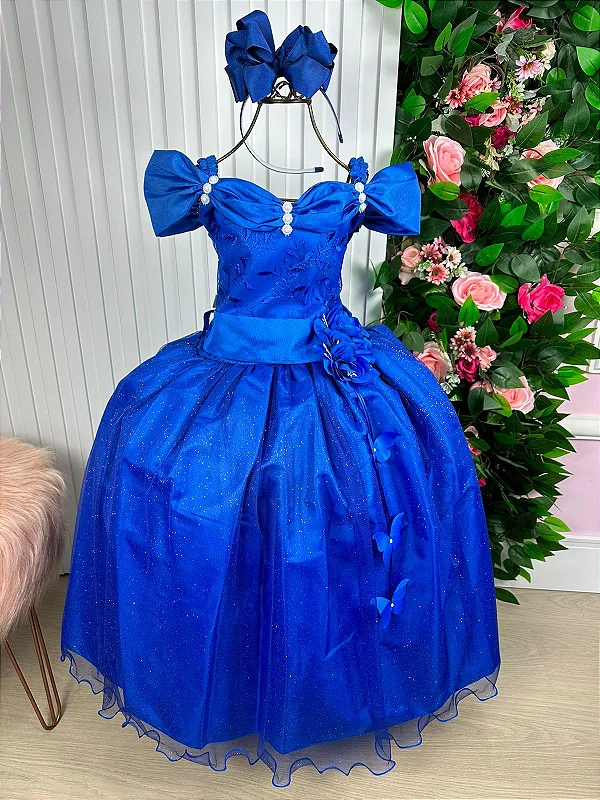 Vestido Infantil Dama Honra Azul Royal Casamento Renda - Rosa