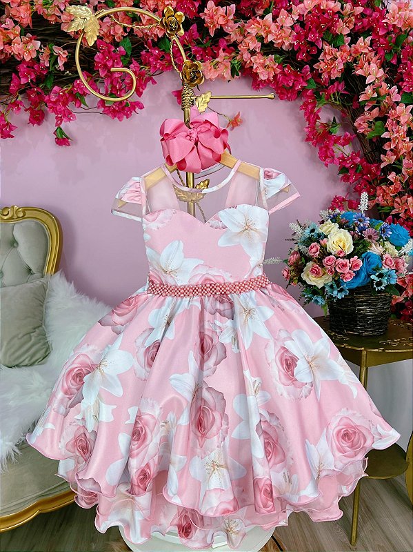 Vestido Infantil Princesas Rosa Cinto de Pérolas e Laço - Fabuloso Ateliê