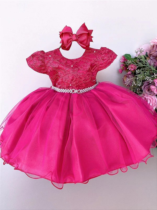 Vestido Infantil Princesa Rosa com Cinto Pérolas - Fabuloso Ateliê