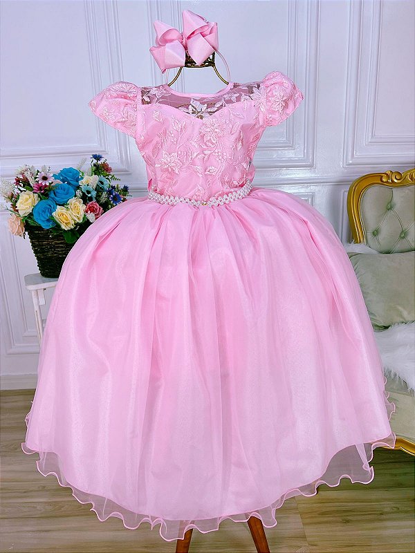 Vestido Infantil Vermelho Renda Festas Luxo Princesas - Rosa