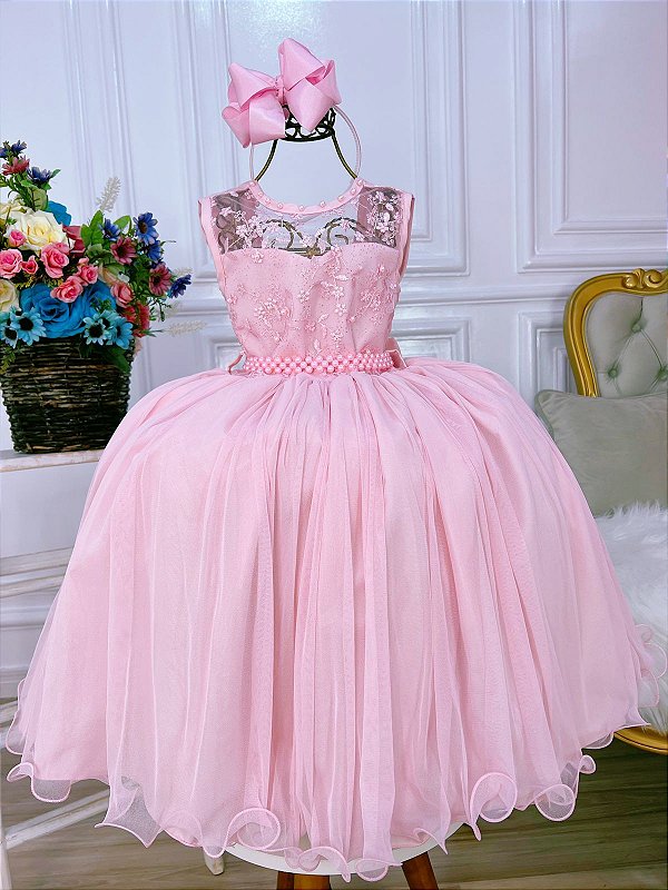 Vestido Infantil Vermelho Renda Festas Luxo Princesas - Rosa