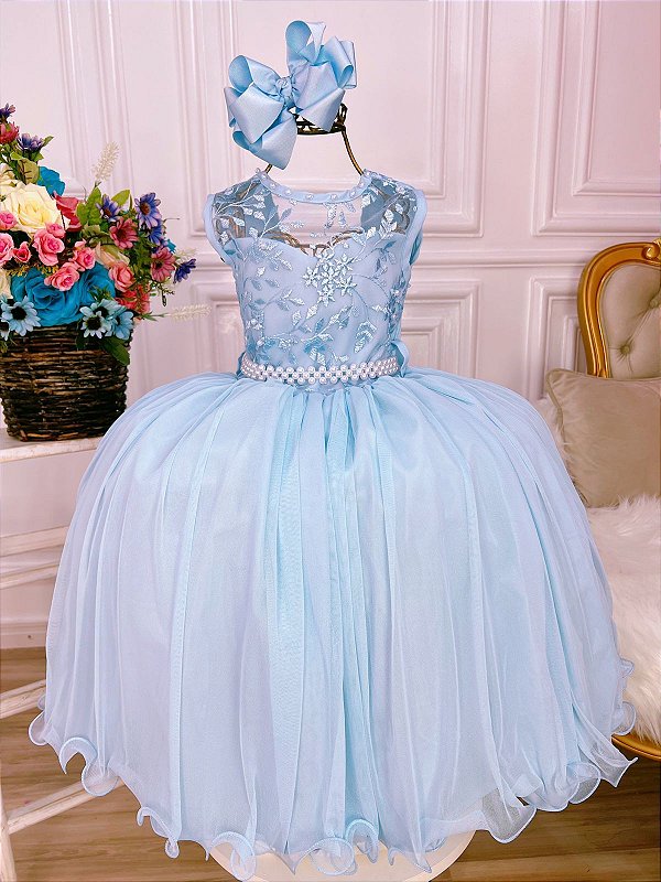 Vestido Infantil Frozen Azul C/ Cinto Pérolas Luxo Princesas