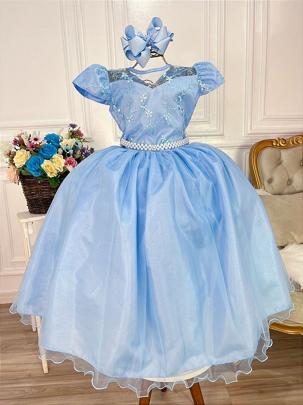 Vestido Infantil Azul Casamento Damas de Honra Renda Pérolas - Fabuloso  Ateliê