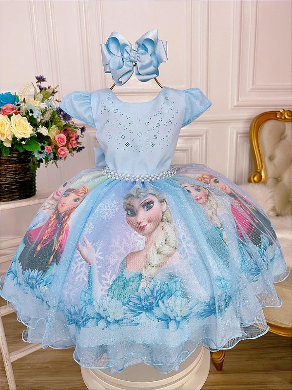 Vestido Infantil Frozen Elsa e Anna Verde Tiffany Strass - Fabuloso Ateliê