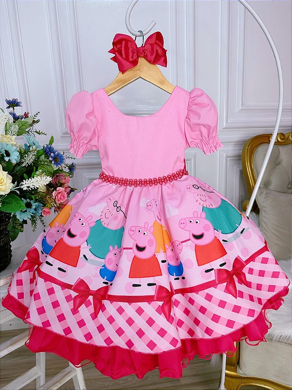Vestido Infantil Peppa Familia Rosa Chiclete - Fabuloso Ateliê