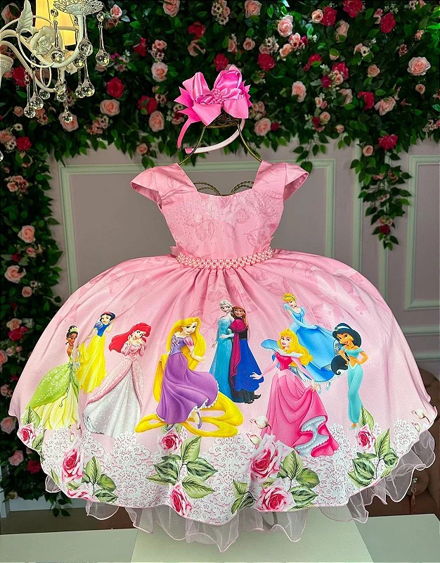 Vestido Infantil Princesas Disney Temático Rosa Luxo - Fabuloso Ateliê