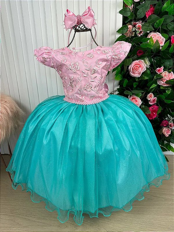 Vestido Infantil Rosa Rendado e Saia Verde Tiffany - Fabuloso Ateliê