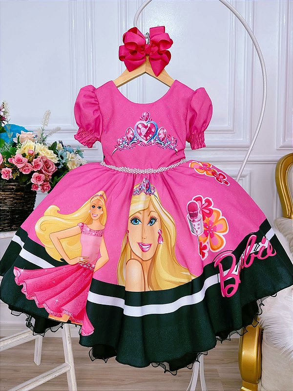 Vestido Infantil Barbie Princesa Rosa Chiclete com Cinto