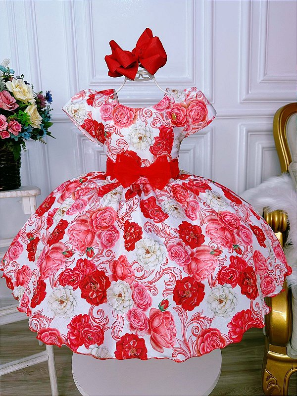 Vestido infantil com listras brancas e flores vermelhas