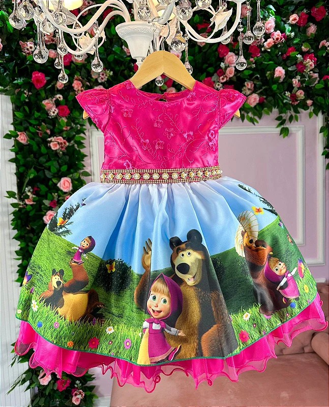 Vestido Infantil Masha e o Urso Pink Renda Luxo - Fabuloso Ateliê