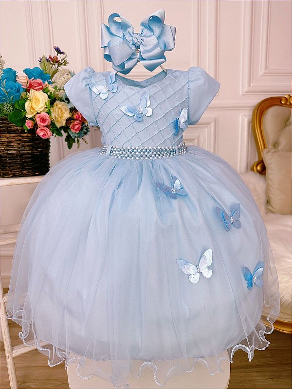 Vestido Infantil Princesa Cinderela Azul C/ Peito Strass