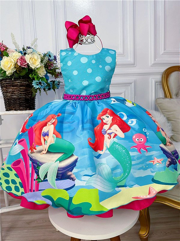 Vestido Pequena Sereia Verde Infantil Temático Ariel - festa luxo