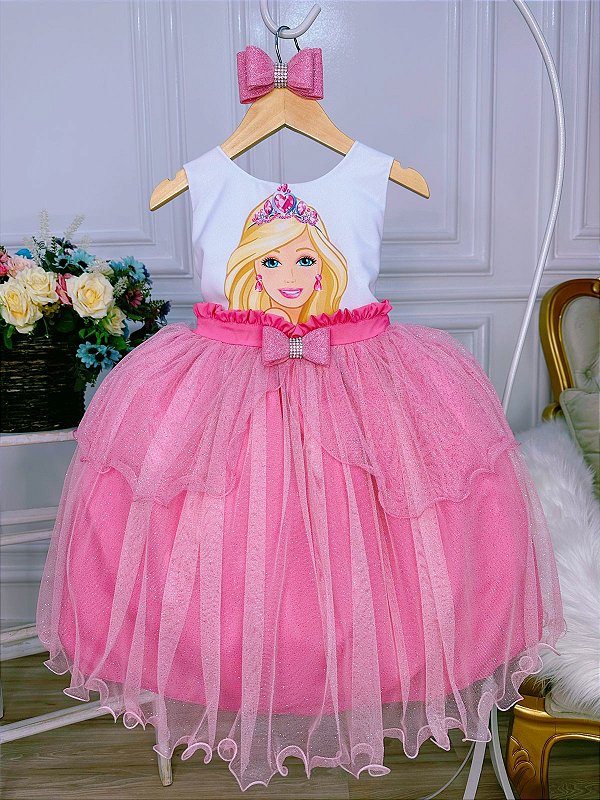 Vestido Infantil Princesa Barbie Rosa Com Aplique de Laço