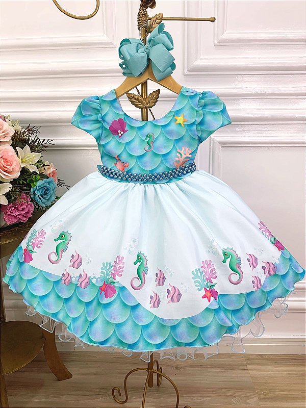 Vestido Infantil Sereia Escanas Ariel Fundo do Mar Temático, roupa de sereia  para aniversário