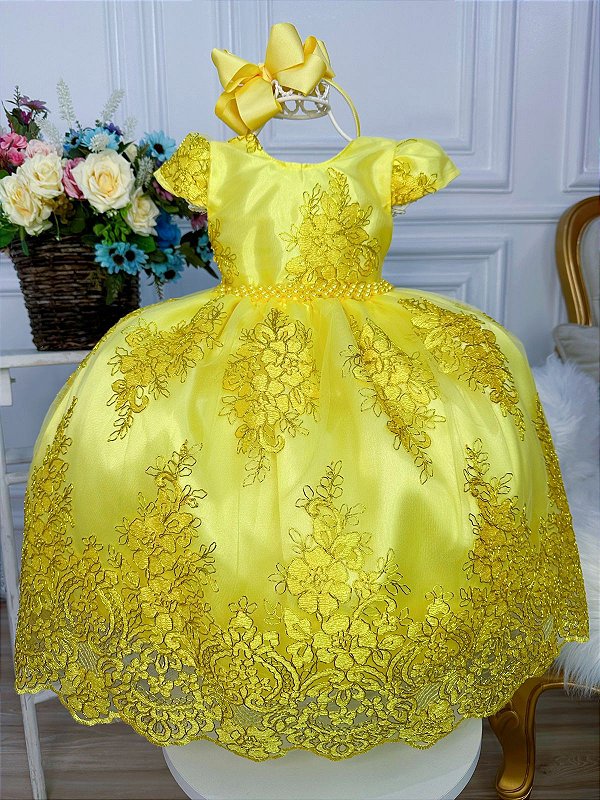Vestido Infantil Renda Amarelo Realeza Cinto Pérolas - Fabuloso Ateliê