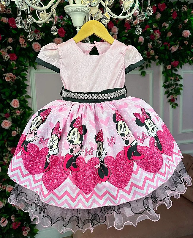 Vestido Infantil Vermelho Dourado Natal Festa Moranguinho Minnie