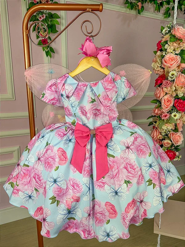 Vestido infantil Princesa Jardim Encantado Rosa c/ borboleta