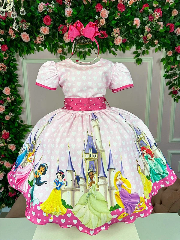 Vestido Infantil Todas as Princesa Rosa Luxo - Fabuloso Ateliê