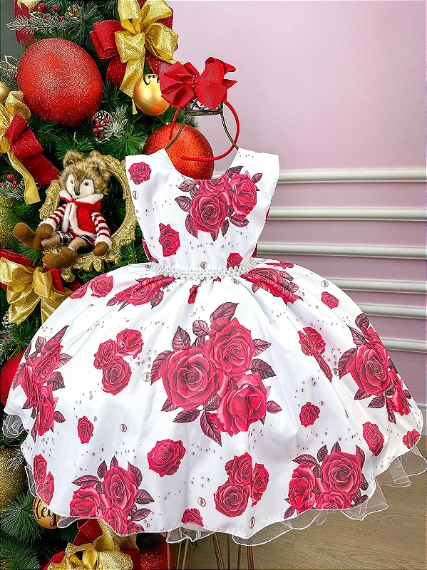 Vestido Infantil Branco e Vermelho Floral Luxo Princesa Dama